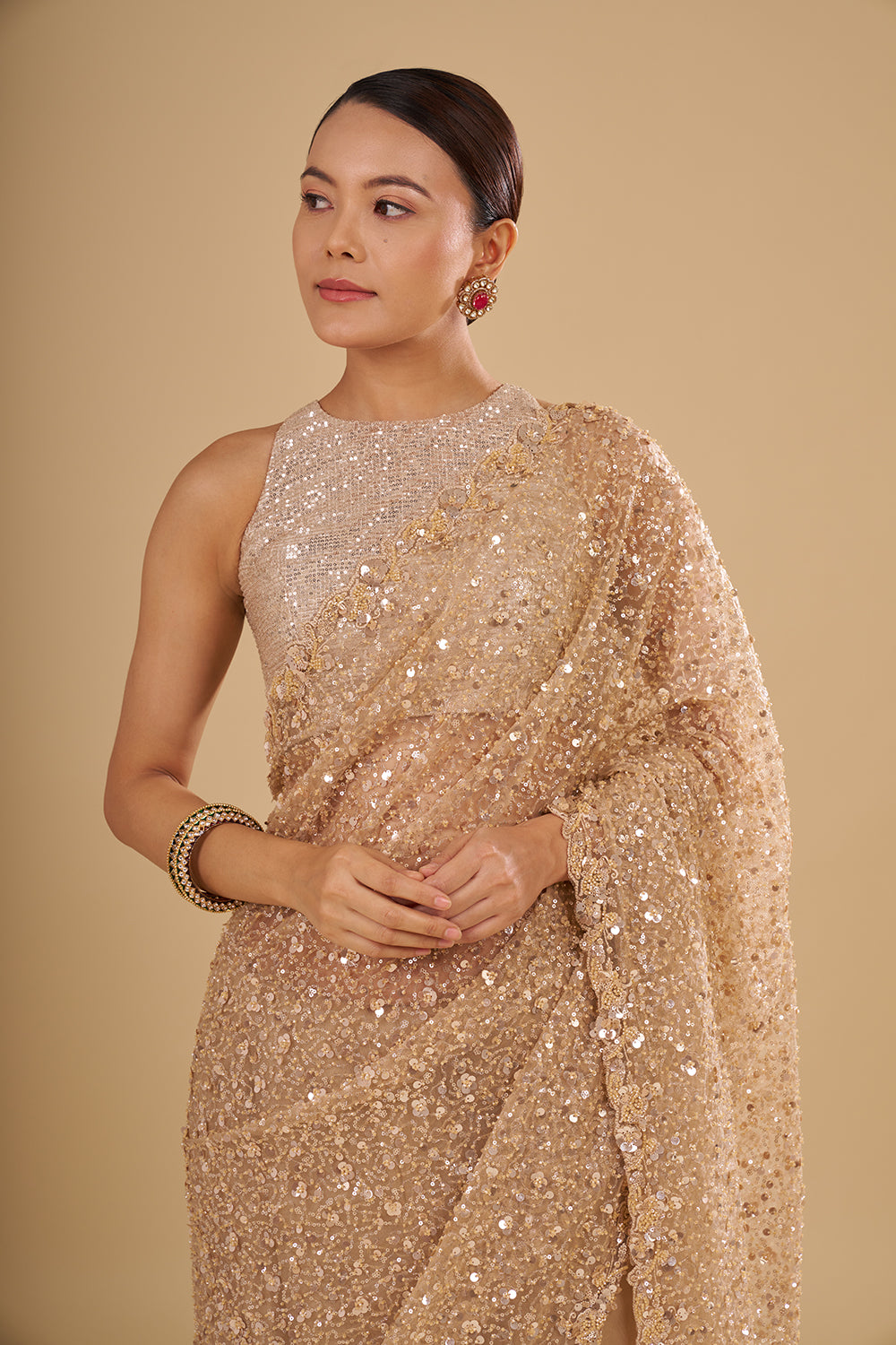 Champagne Gold Sequins Net Saree with Sequins and Unstitched Blouse