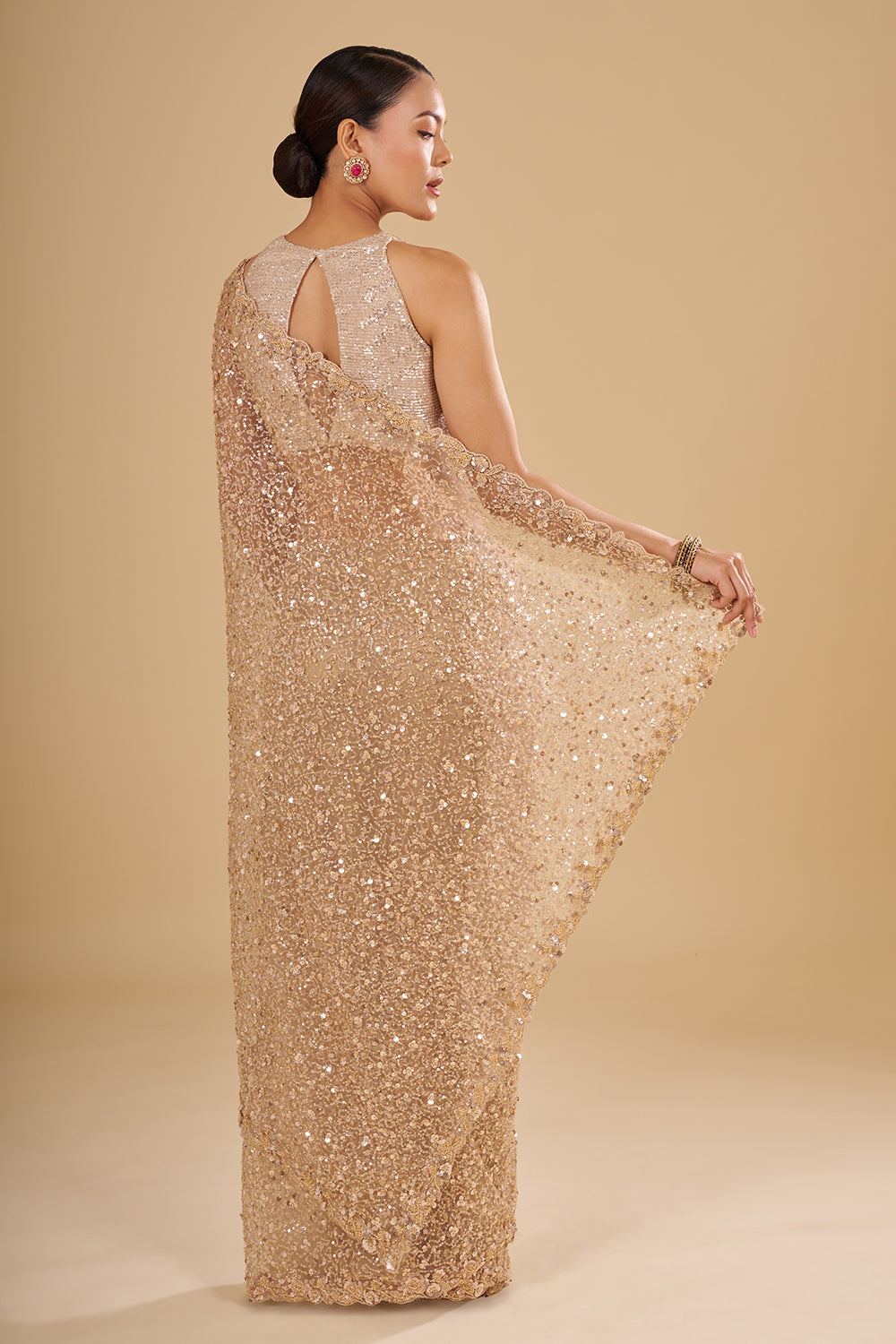 Champagne Gold Sequins Net Saree with Sequins and Unstitched Blouse