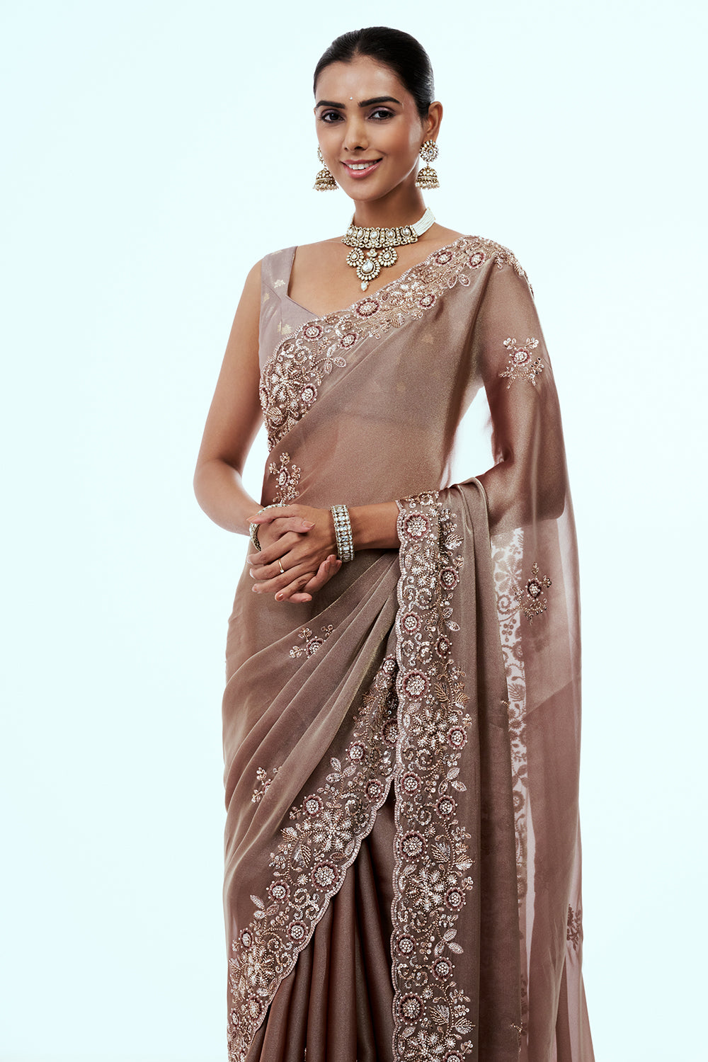 Champagne Gold Shimmer Organza Saree with Resham Work
