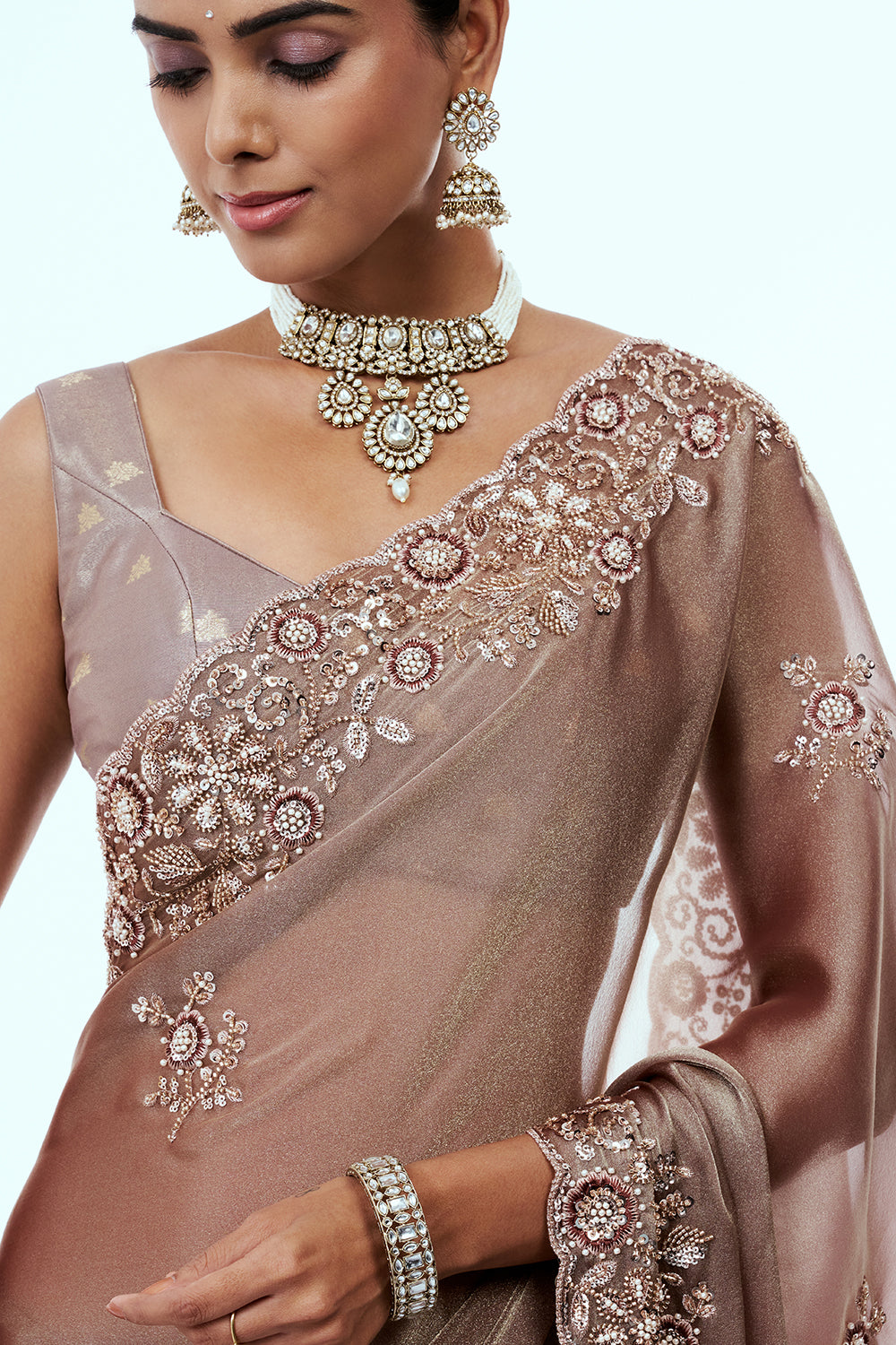 Champagne Gold Shimmer Organza Saree with Resham Work