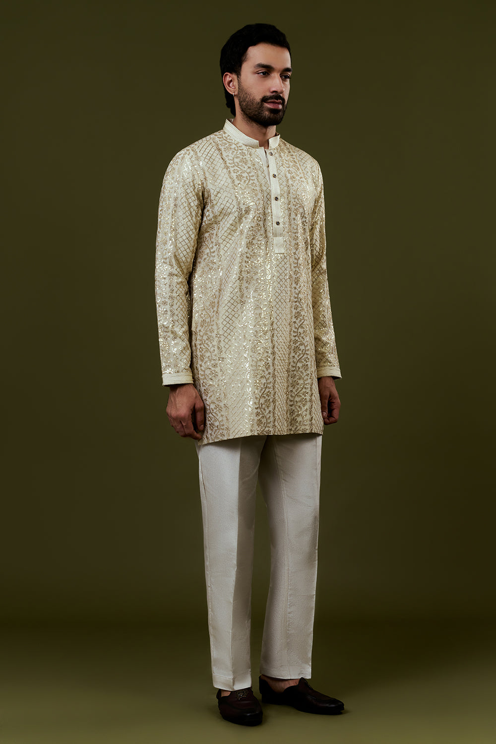 Champagne Gold Shimmer Tissue Mens Kurta Set with Intricate Sequins and Zari Detailing