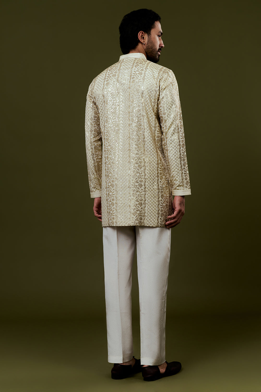 Champagne Gold Shimmer Tissue Mens Kurta Set with Intricate Sequins and Zari Detailing
