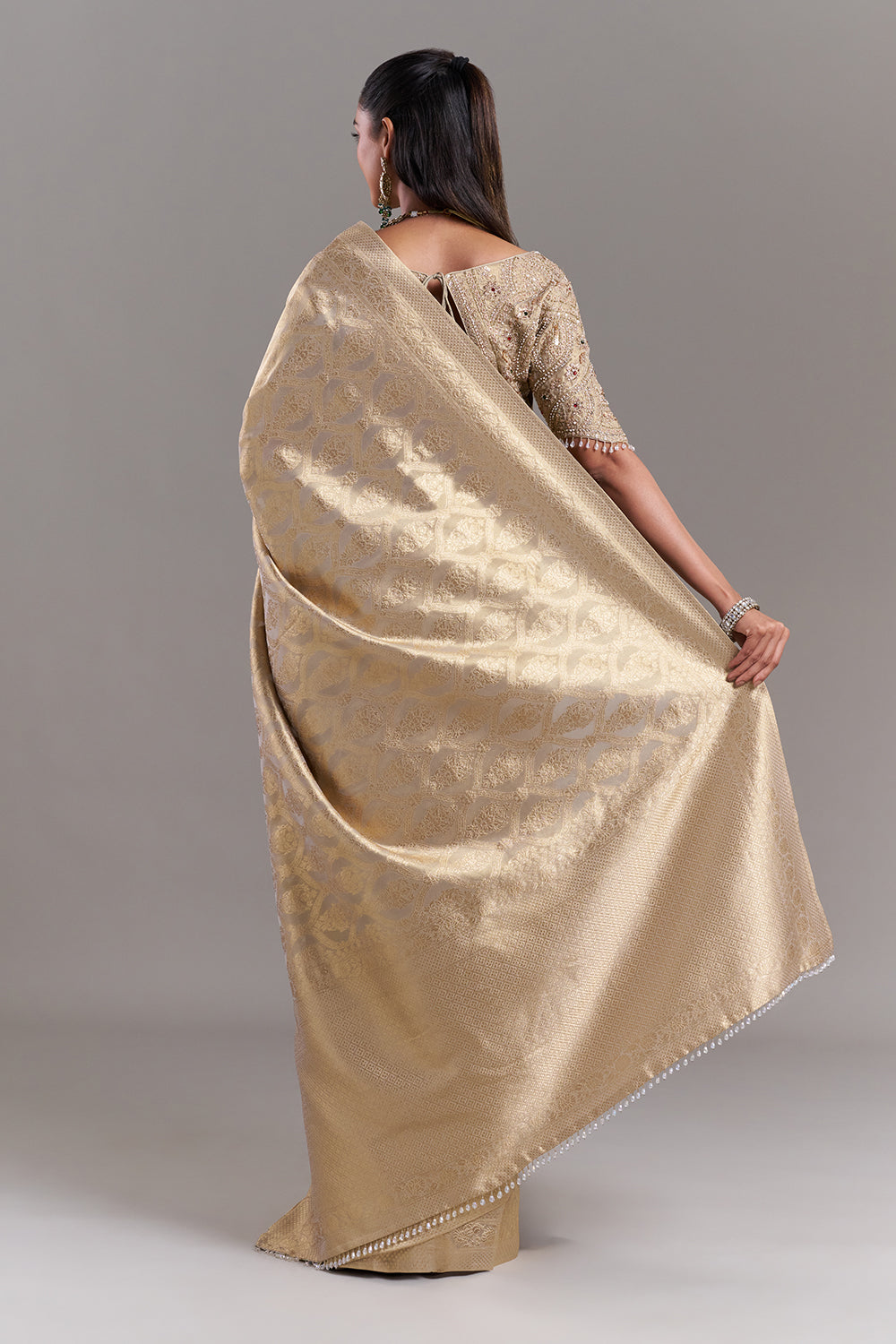 Champagne Gold Shimmer Tissue Saree with Stitched Blouse