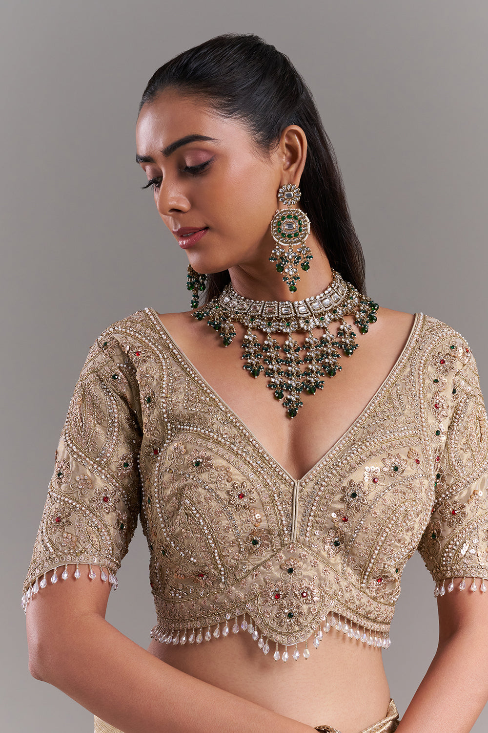 Champagne Gold Shimmer Tissue Saree with Stitched Blouse
