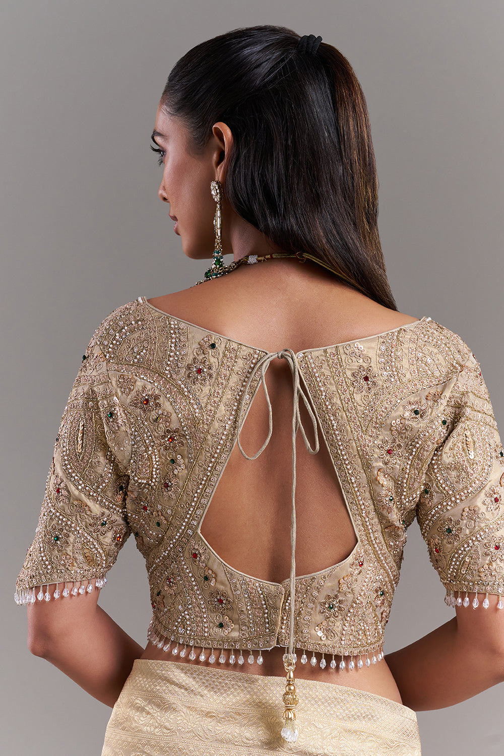 Champagne Gold Shimmer Tissue Saree with Stitched Blouse