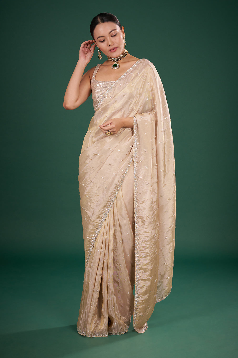 Light Gold Tissue Saree with Bead Buttis and Unstitched Blouse
