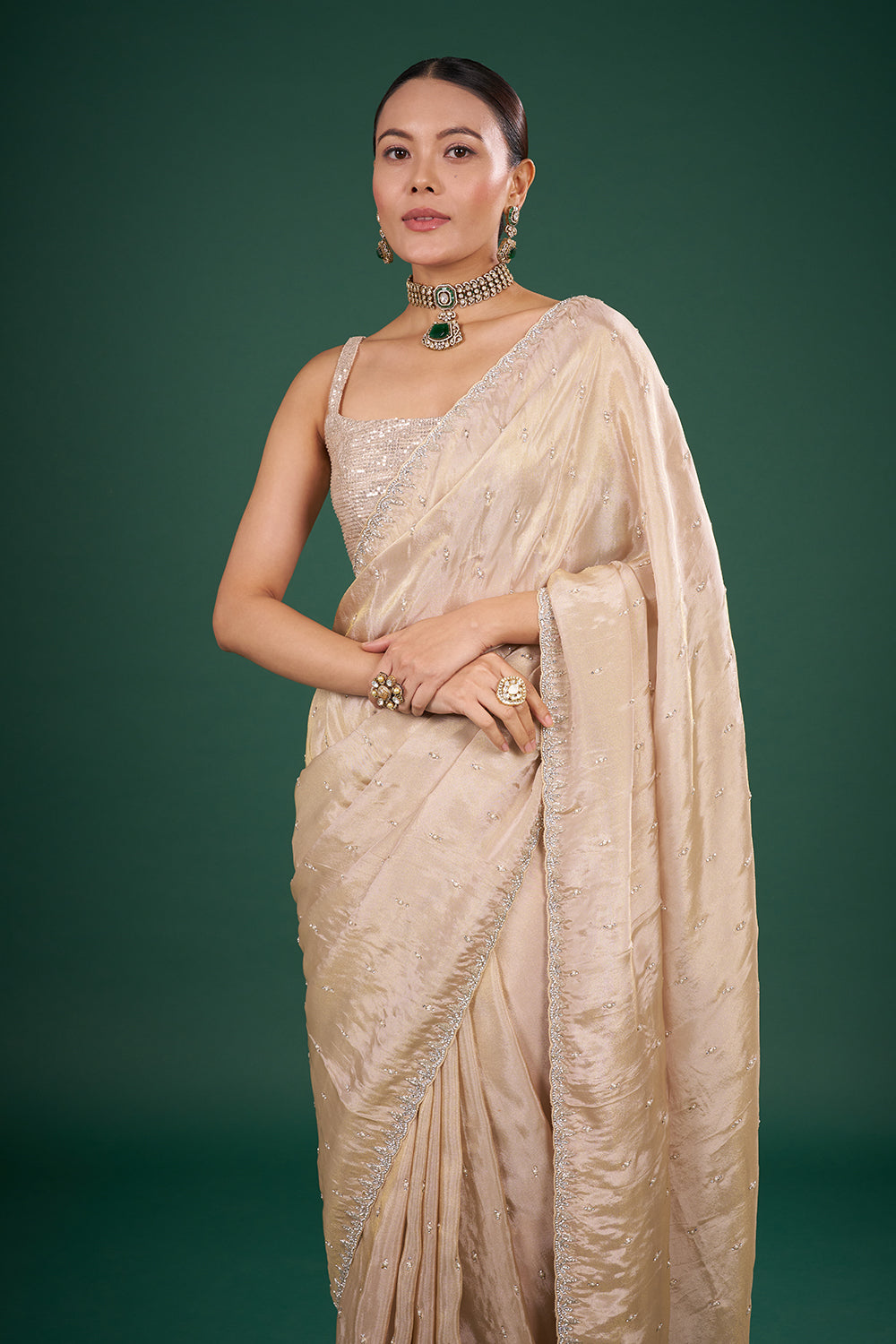 Light Gold Tissue Saree with Bead Buttis and Unstitched Blouse