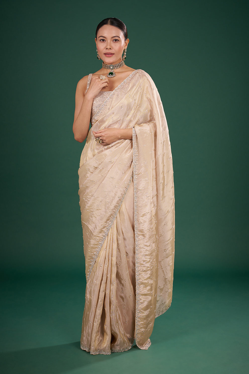 Light Gold Tissue Saree with Bead Buttis and Unstitched Blouse