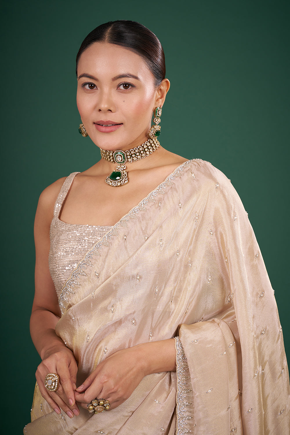 Light Gold Tissue Saree with Bead Buttis and Unstitched Blouse