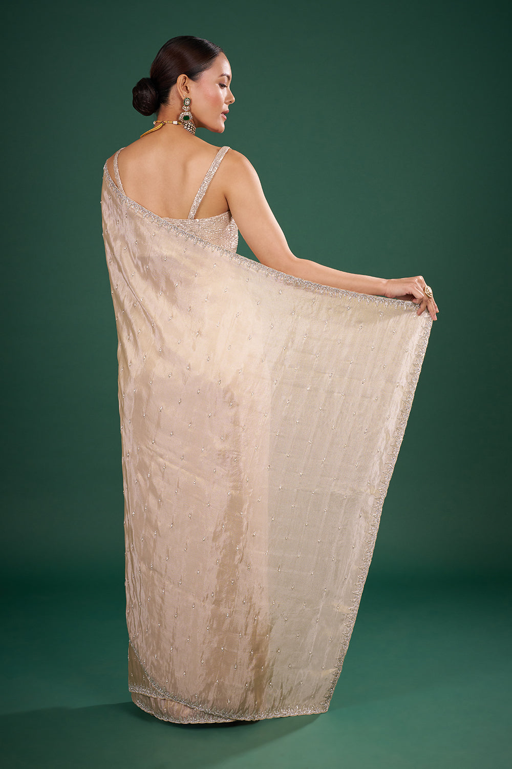 Light Gold Tissue Saree with Bead Buttis and Unstitched Blouse