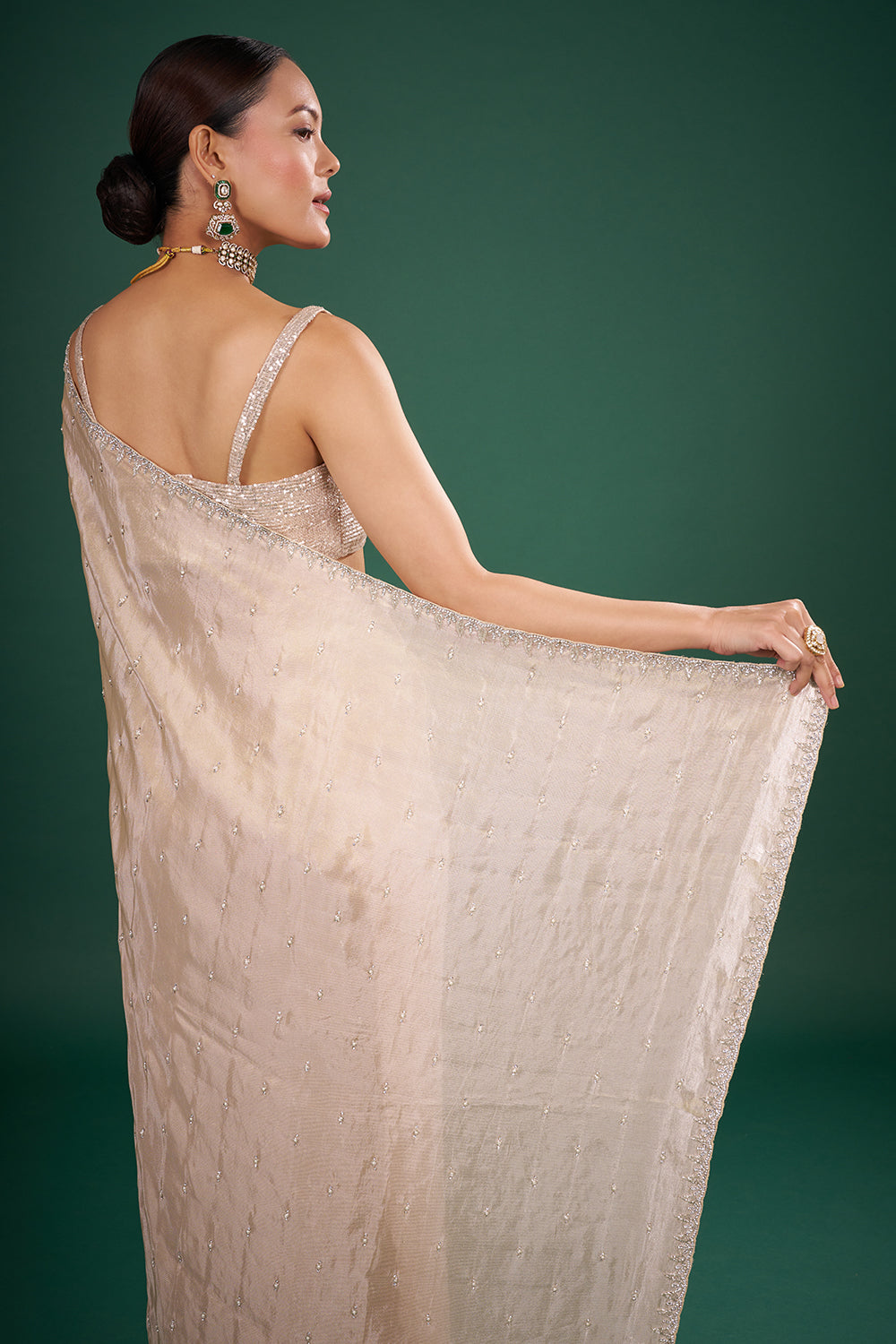 Light Gold Tissue Saree with Bead Buttis and Unstitched Blouse