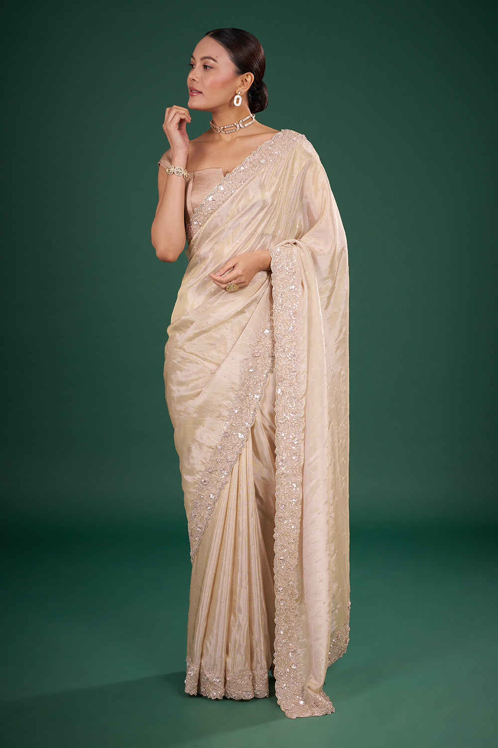 Champagne Gold Tissue Saree with Floral Sequin Border and Unstitched Blouse