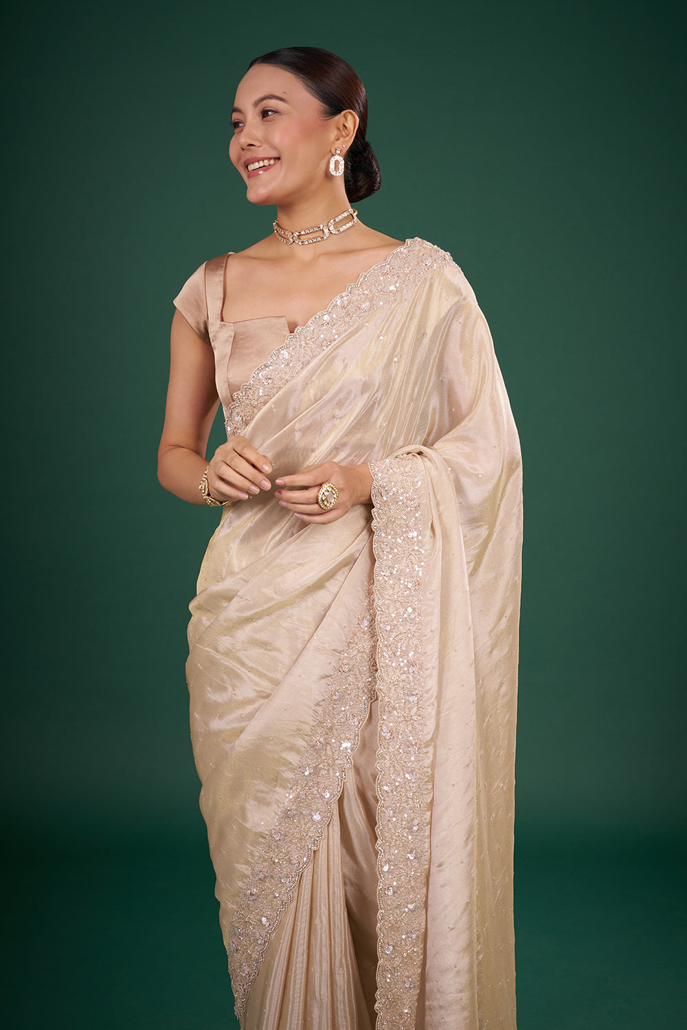 Champagne Gold Tissue Saree with Floral Sequin Border and Unstitched Blouse