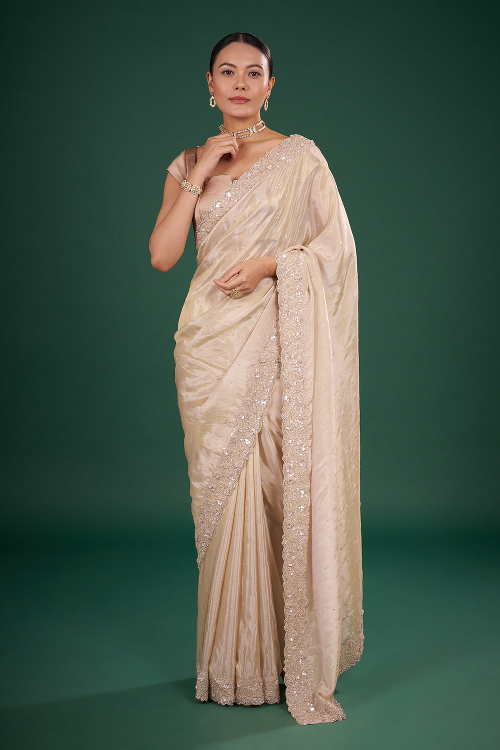 Champagne Gold Tissue Saree with Floral Sequin Border and Unstitched Blouse