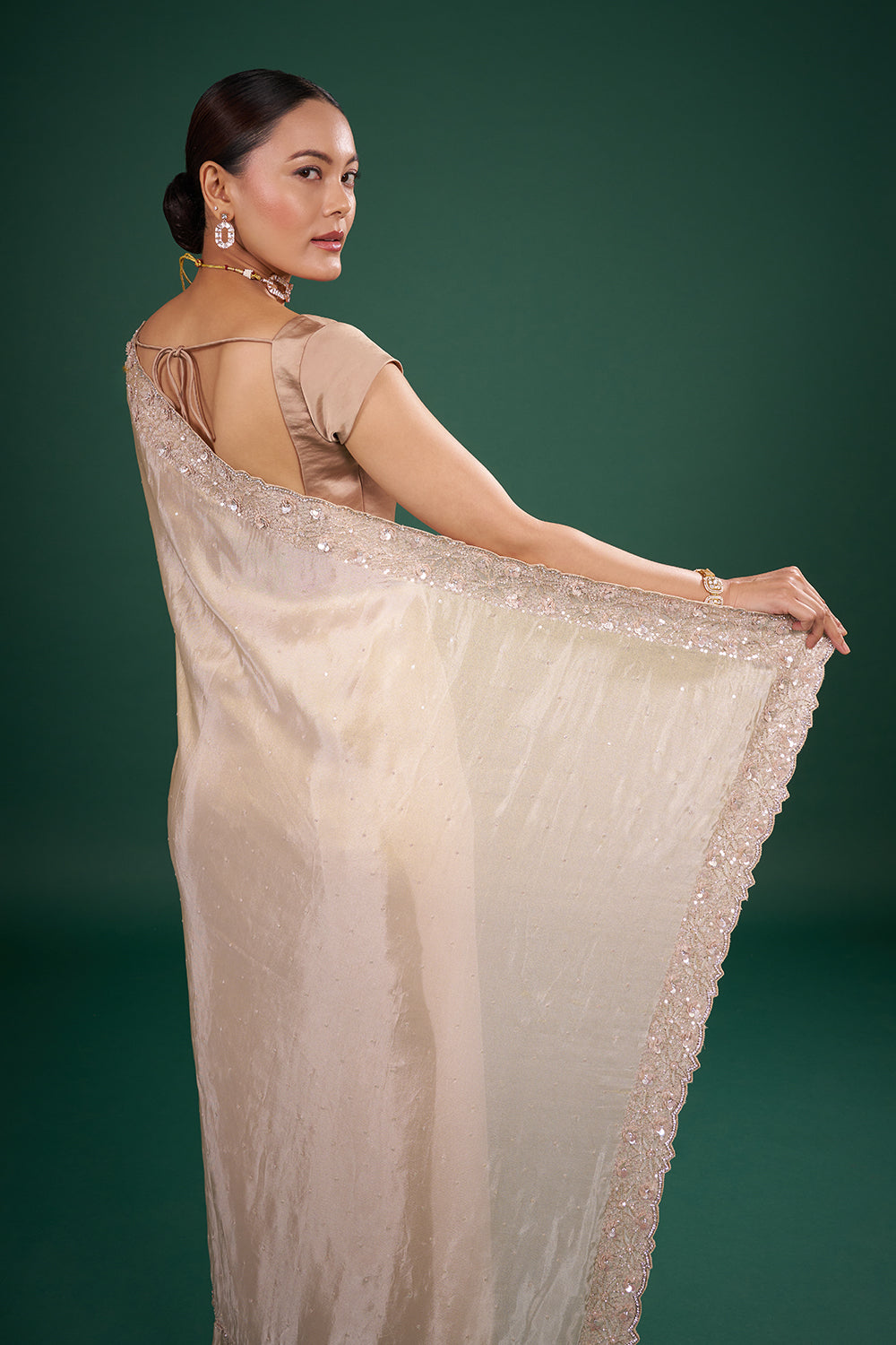 Champagne Gold Tissue Saree with Floral Sequin Border and Unstitched Blouse