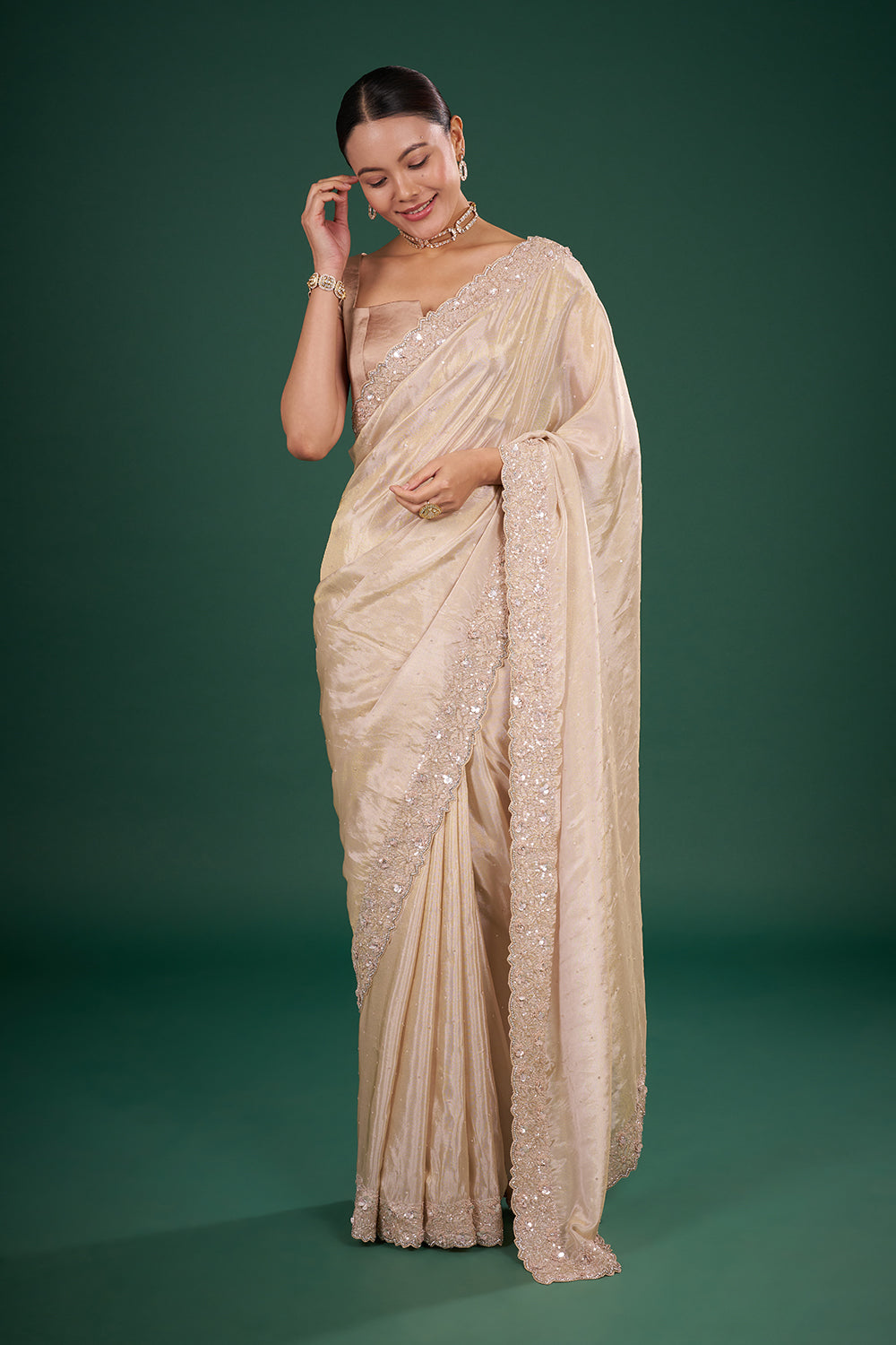 Champagne Gold Tissue Saree with Floral Sequin Border and Unstitched Blouse