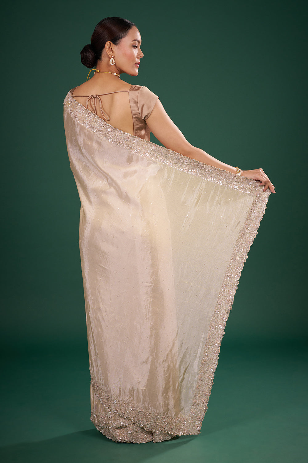 Champagne Gold Tissue Saree with Floral Sequin Border and Unstitched Blouse