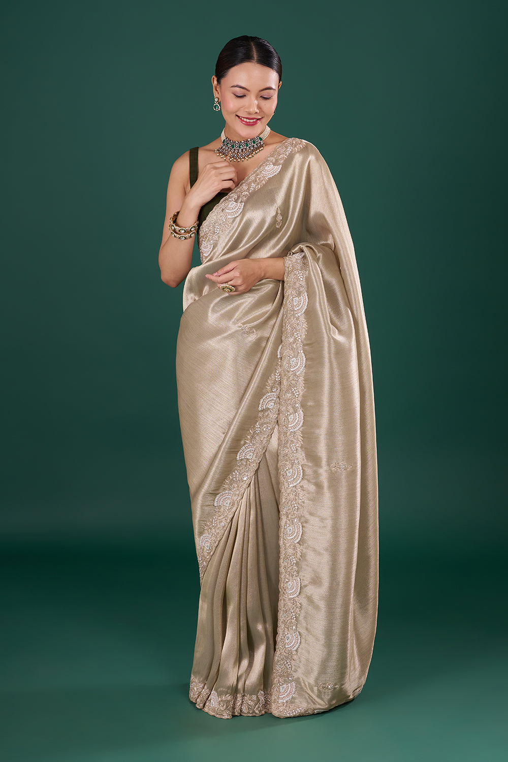 Champagne Gold Tissue Saree with Zardozi Embroidered Border