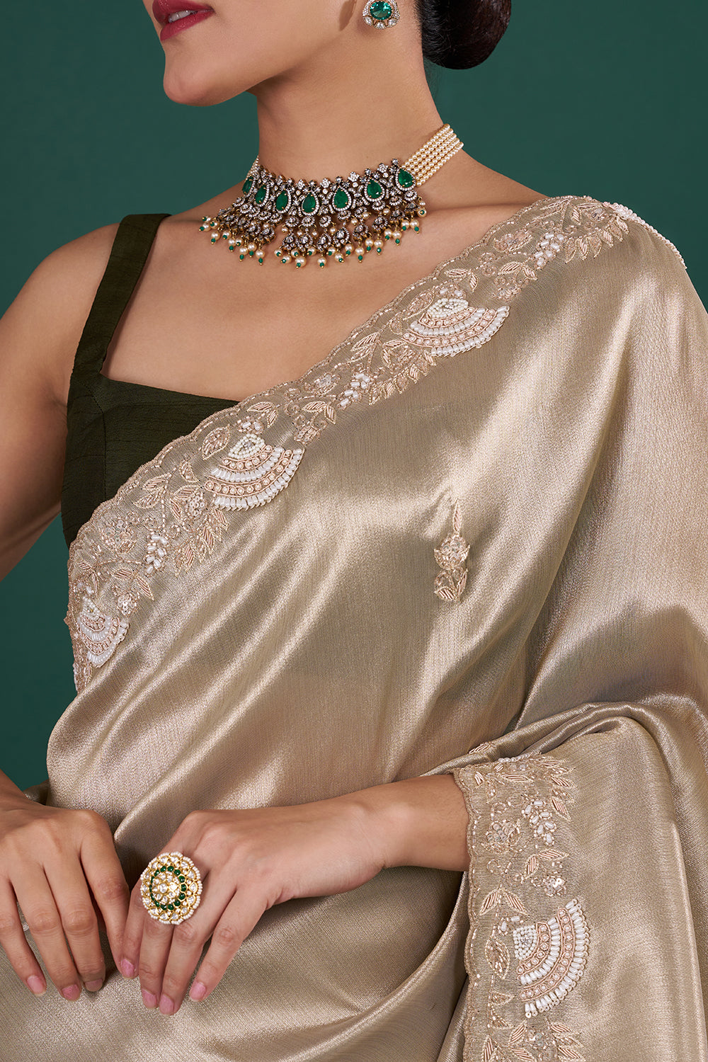 Champagne Gold Tissue Saree with Zardozi Embroidered Border