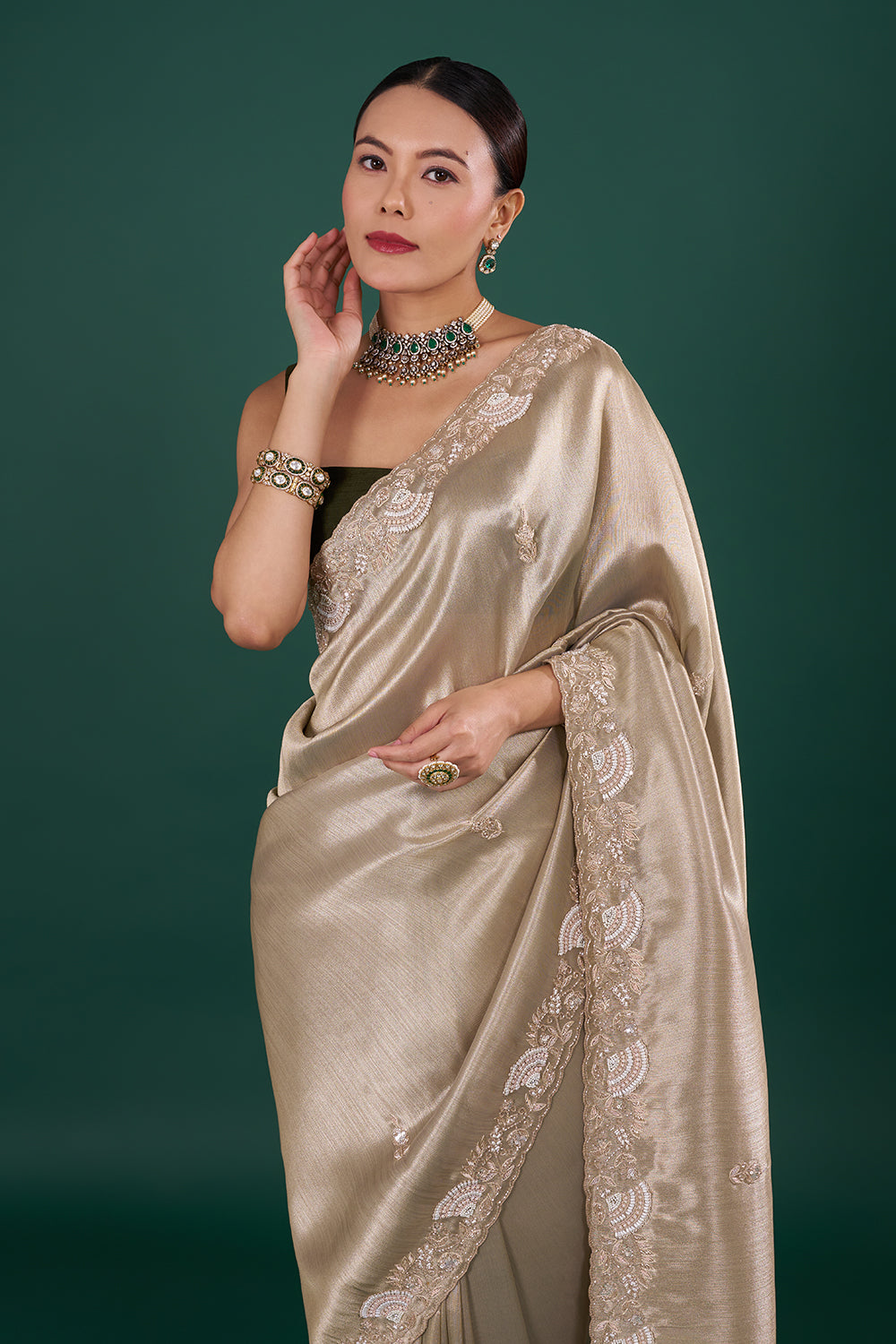 Champagne Gold Tissue Saree with Zardozi Embroidered Border
