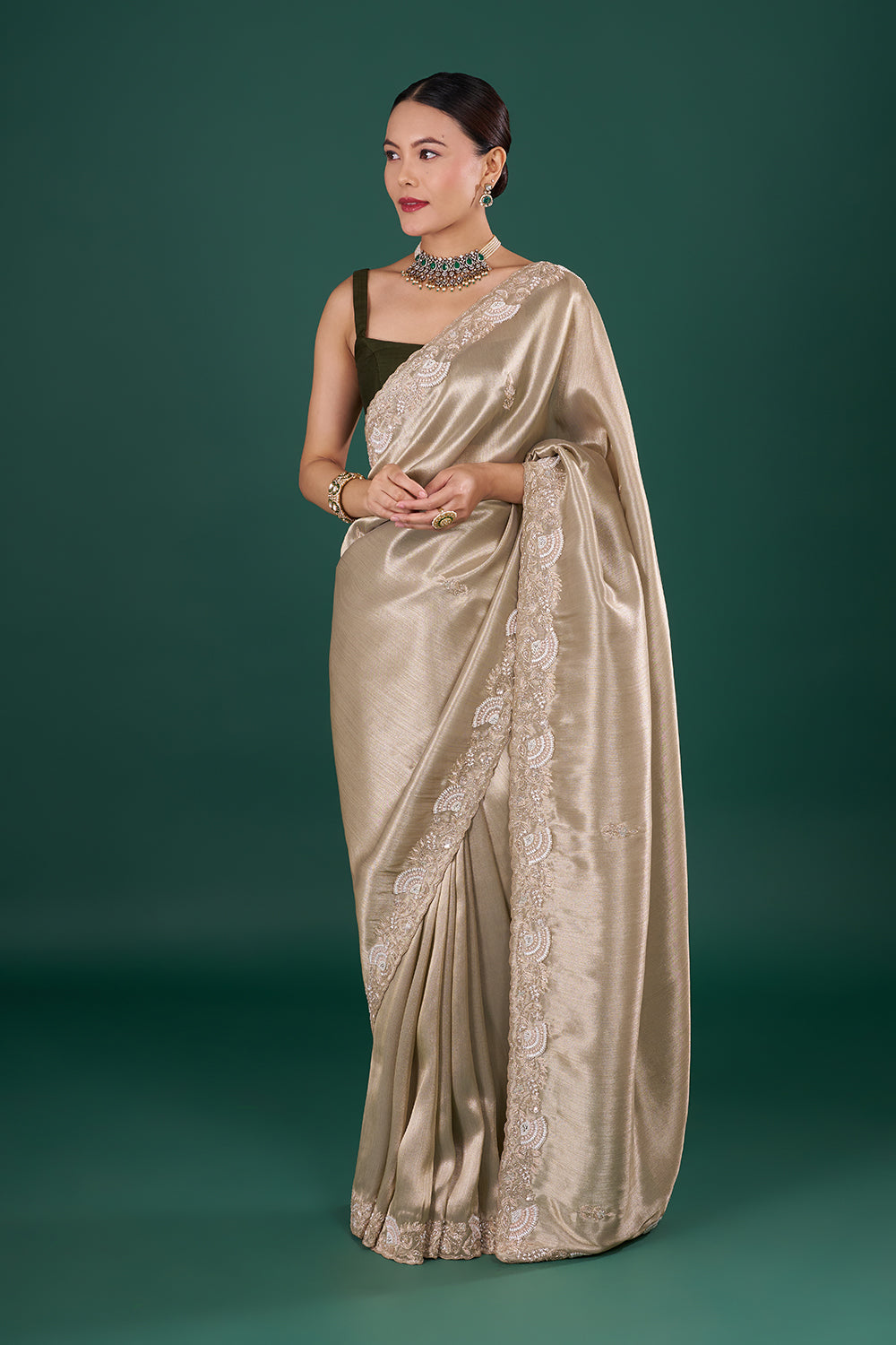 Champagne Gold Tissue Saree with Zardozi Embroidered Border