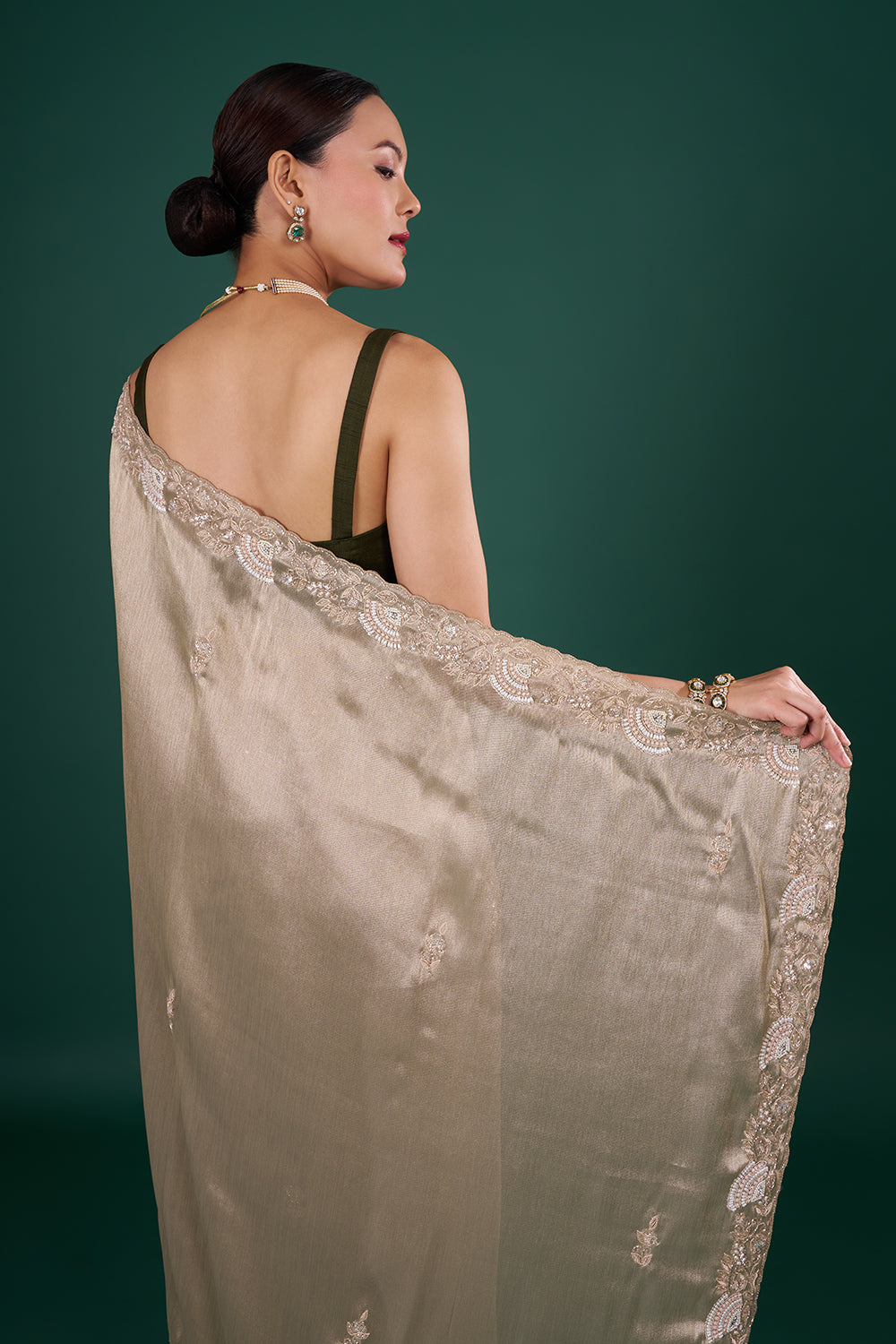 Champagne Gold Tissue Saree with Zardozi Embroidered Border