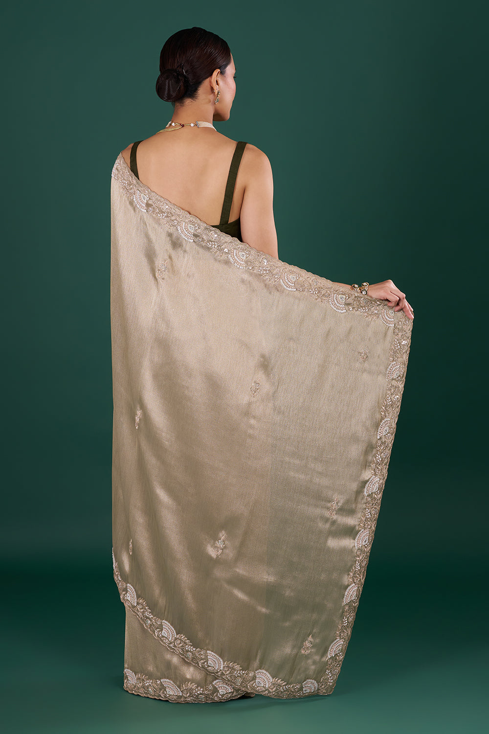 Champagne Gold Tissue Saree with Zardozi Embroidered Border
