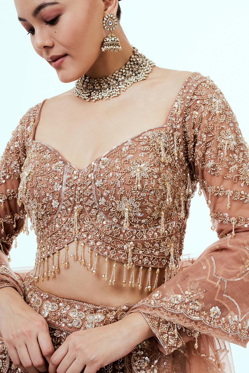 Champagne Net Lehenga with Sequins and Cutdana Hand Work