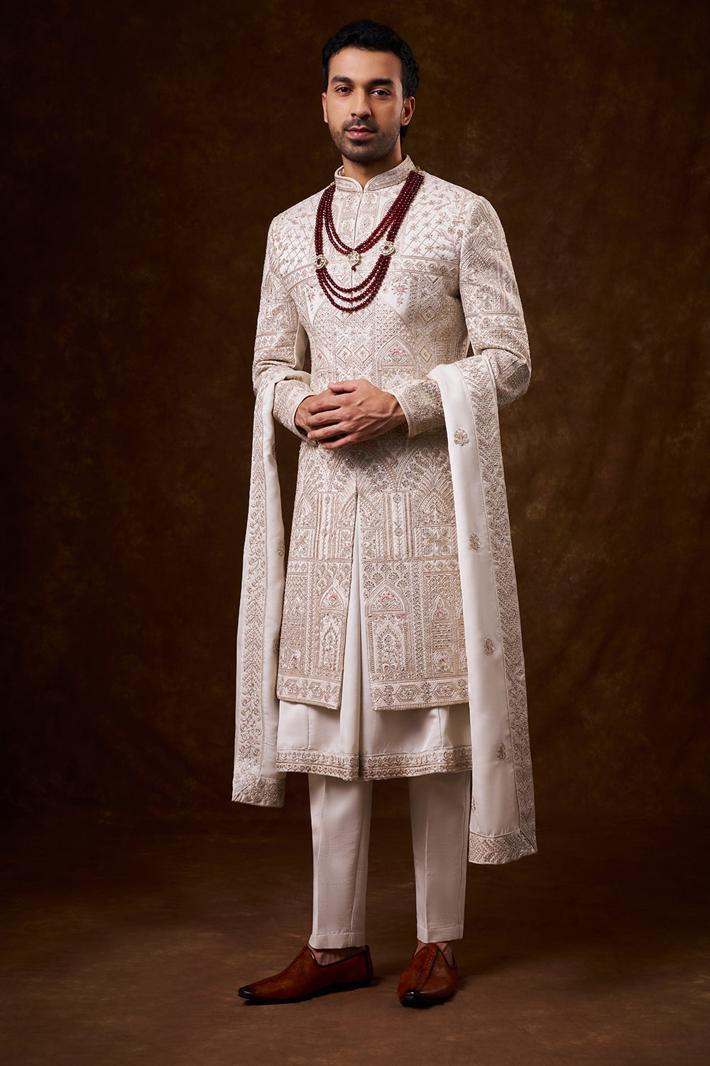 Champagne Nokia Silk Groom’s Sherwani with Zari Work