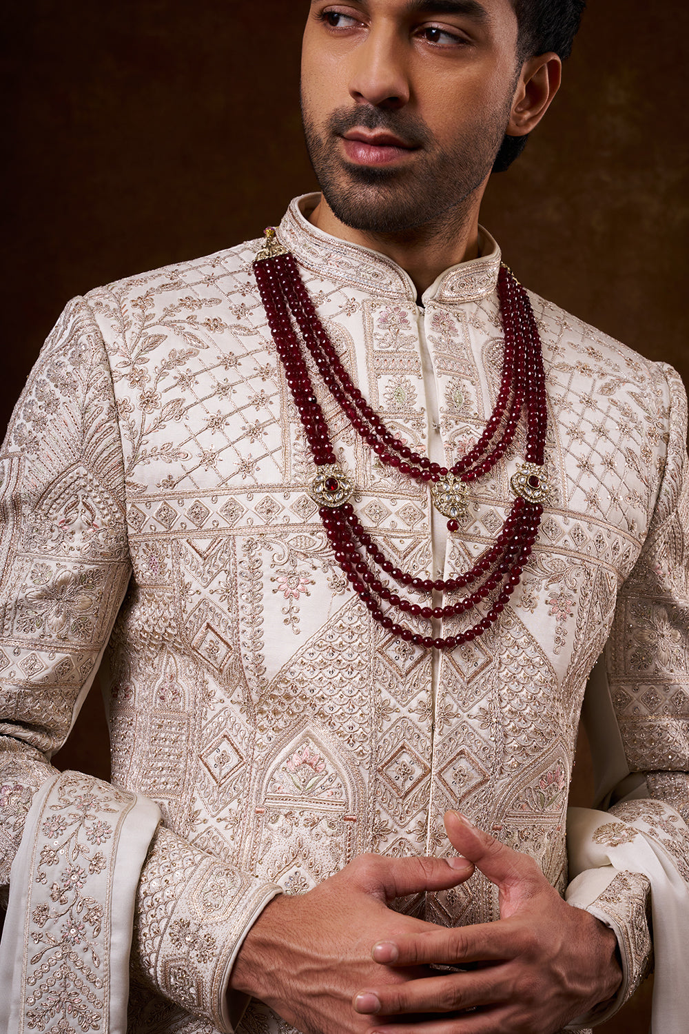 Champagne Nokia Silk Groom’s Sherwani with Zari Work