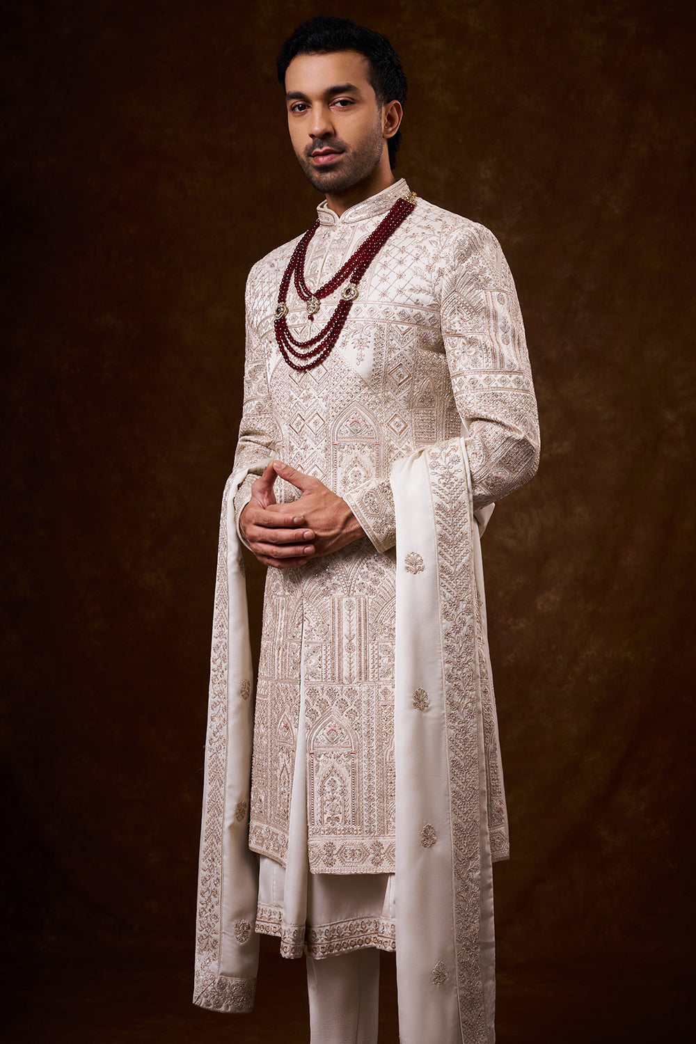 Champagne Nokia Silk Groom’s Sherwani with Zari Work
