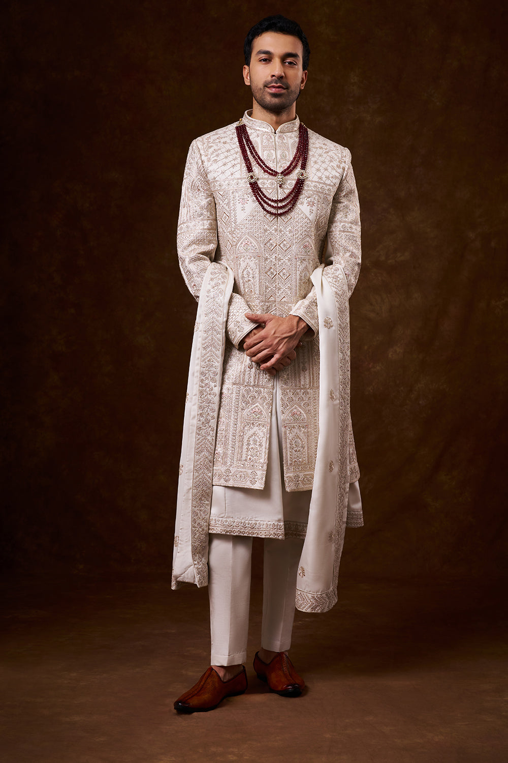 Champagne Nokia Silk Groom’s Sherwani with Zari Work