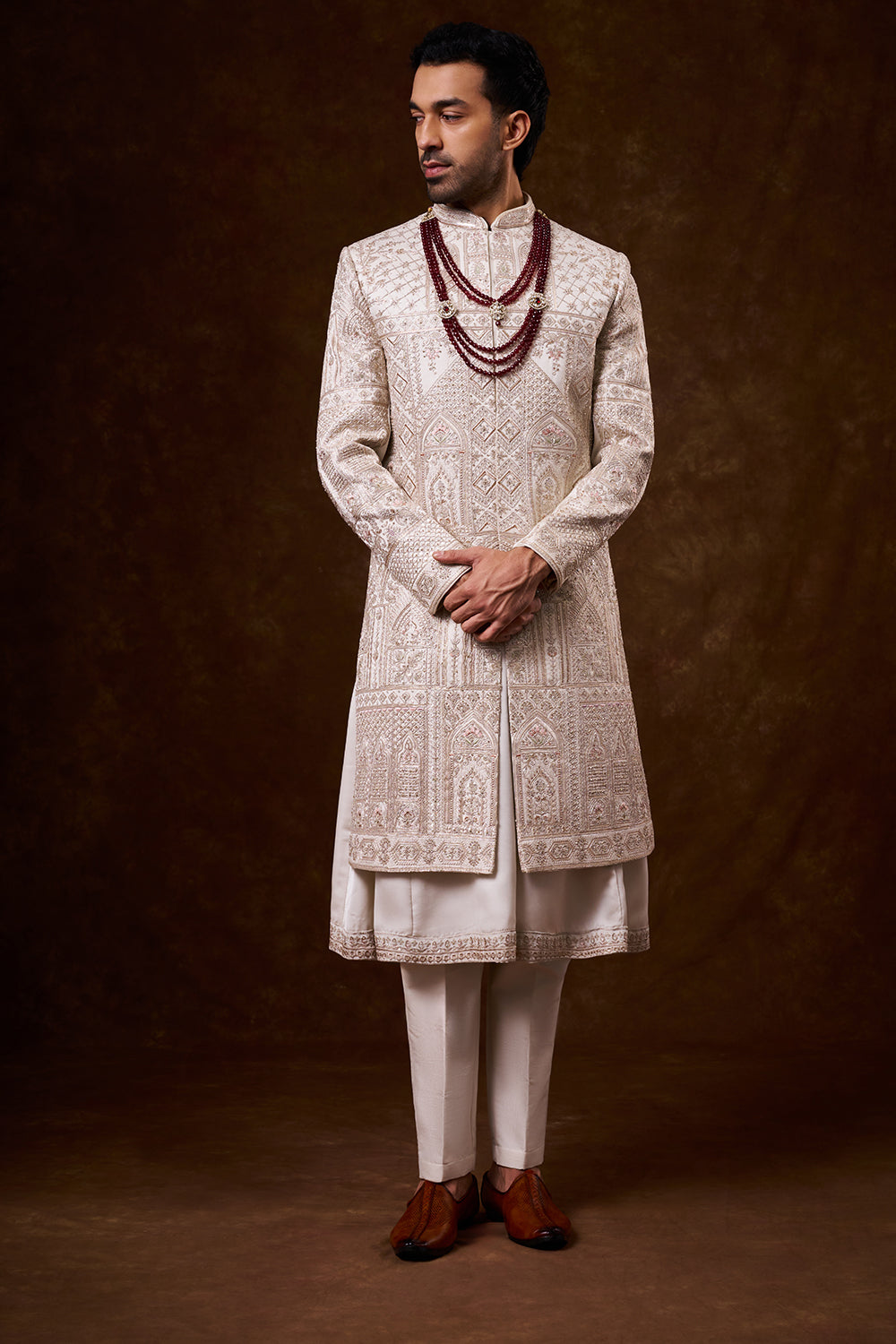 Champagne Nokia Silk Groom’s Sherwani with Zari Work
