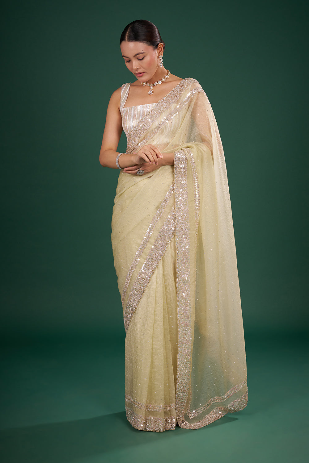 Champagne Tissue Saree with Sequin Border and Unstitched Blouse