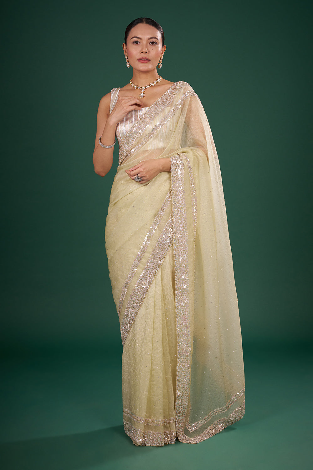 Champagne Tissue Saree with Sequin Border and Unstitched Blouse