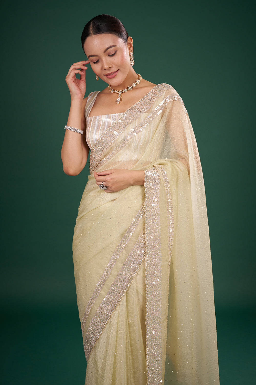 Champagne Tissue Saree with Sequin Border and Unstitched Blouse