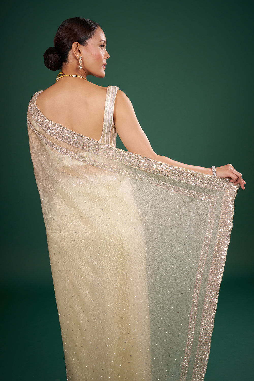 Champagne Tissue Saree with Sequin Border and Unstitched Blouse
