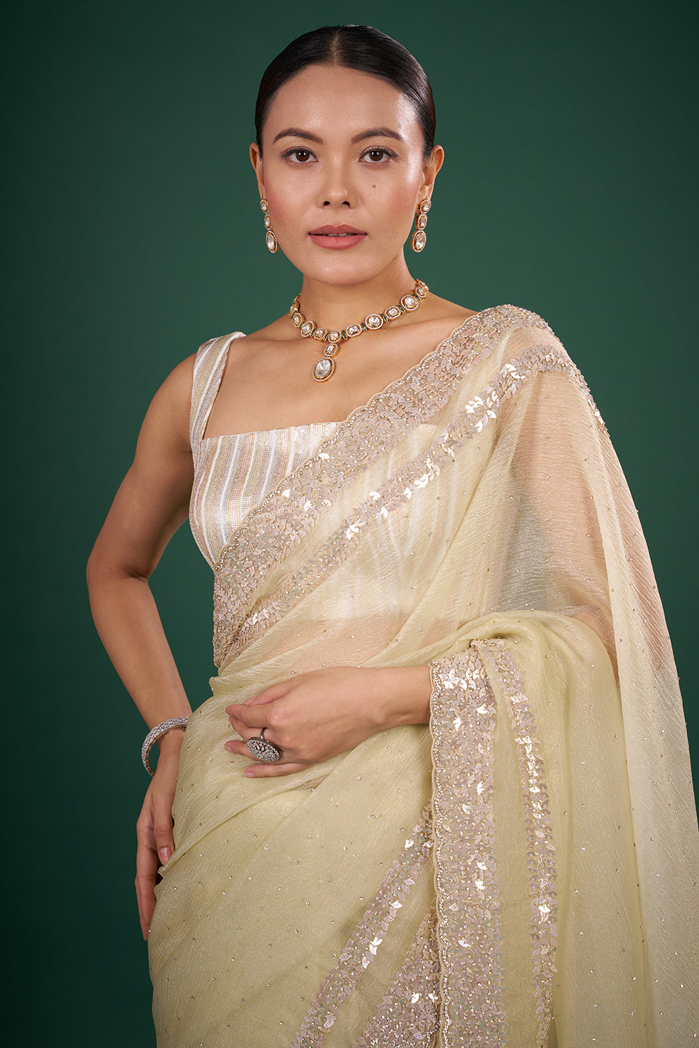 Champagne Tissue Saree with Sequin Border and Unstitched Blouse