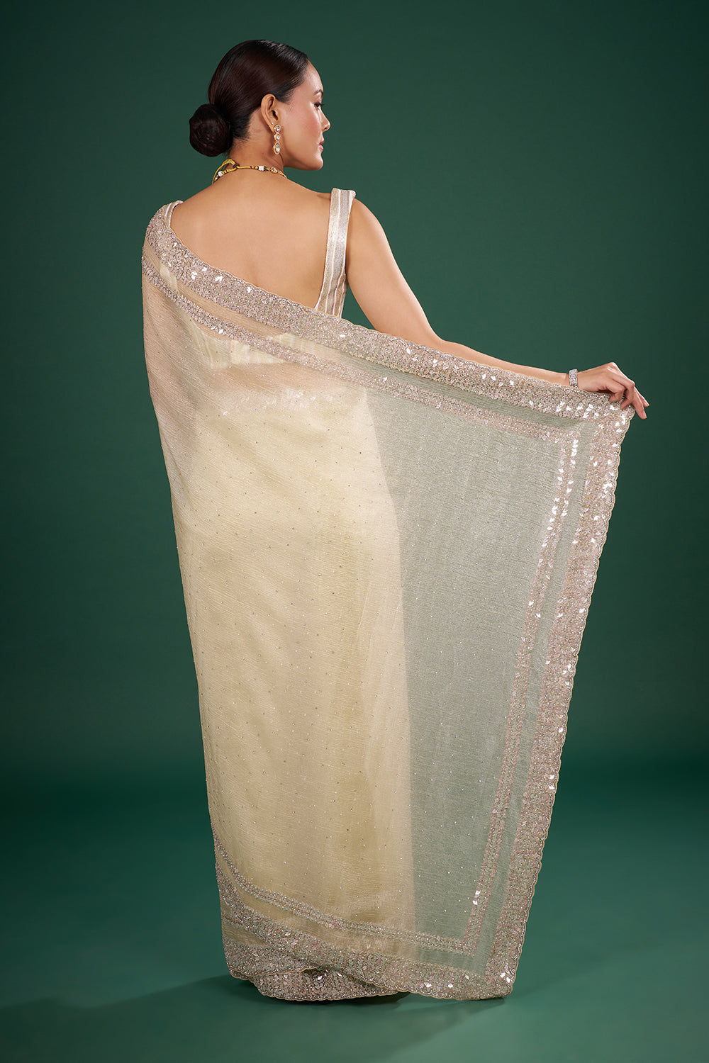 Champagne Tissue Saree with Sequin Border and Unstitched Blouse