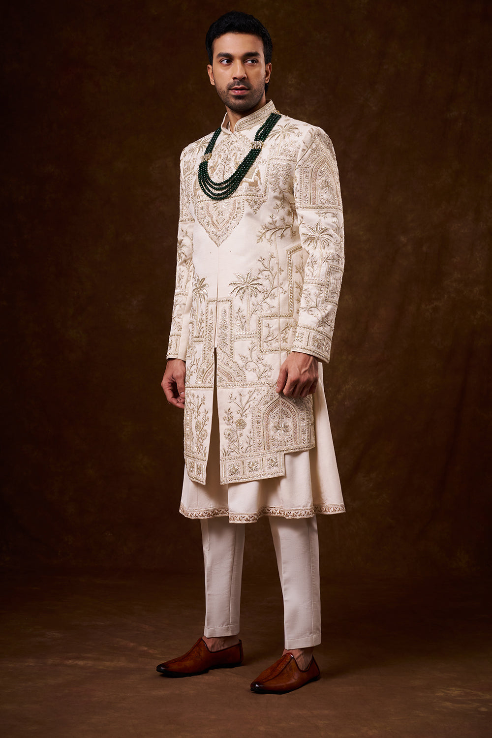 Champagne Tussar Silk Groom’s Sherwani with Zardozi Work
