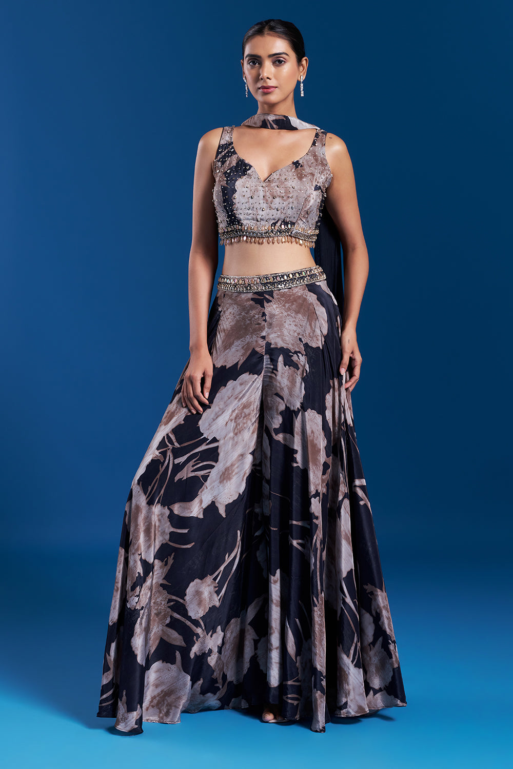 Charcoal Black Crepe Skirt Set with Floral Print