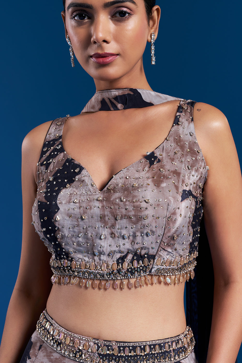 Charcoal Black Crepe Skirt Set with Floral Print