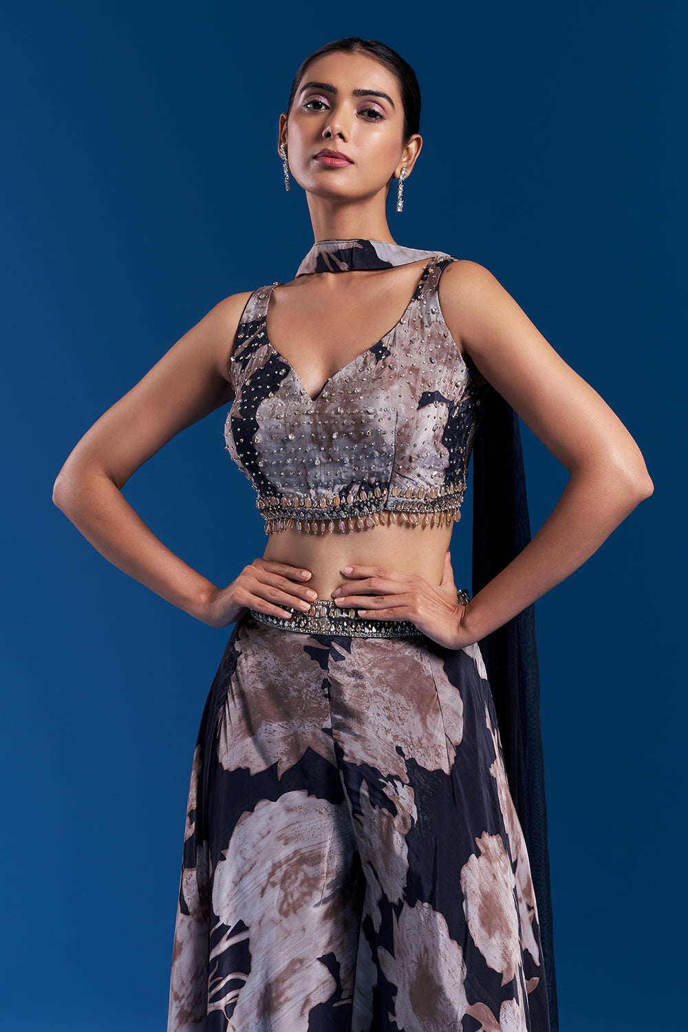 Charcoal Black Crepe Skirt Set with Floral Print
