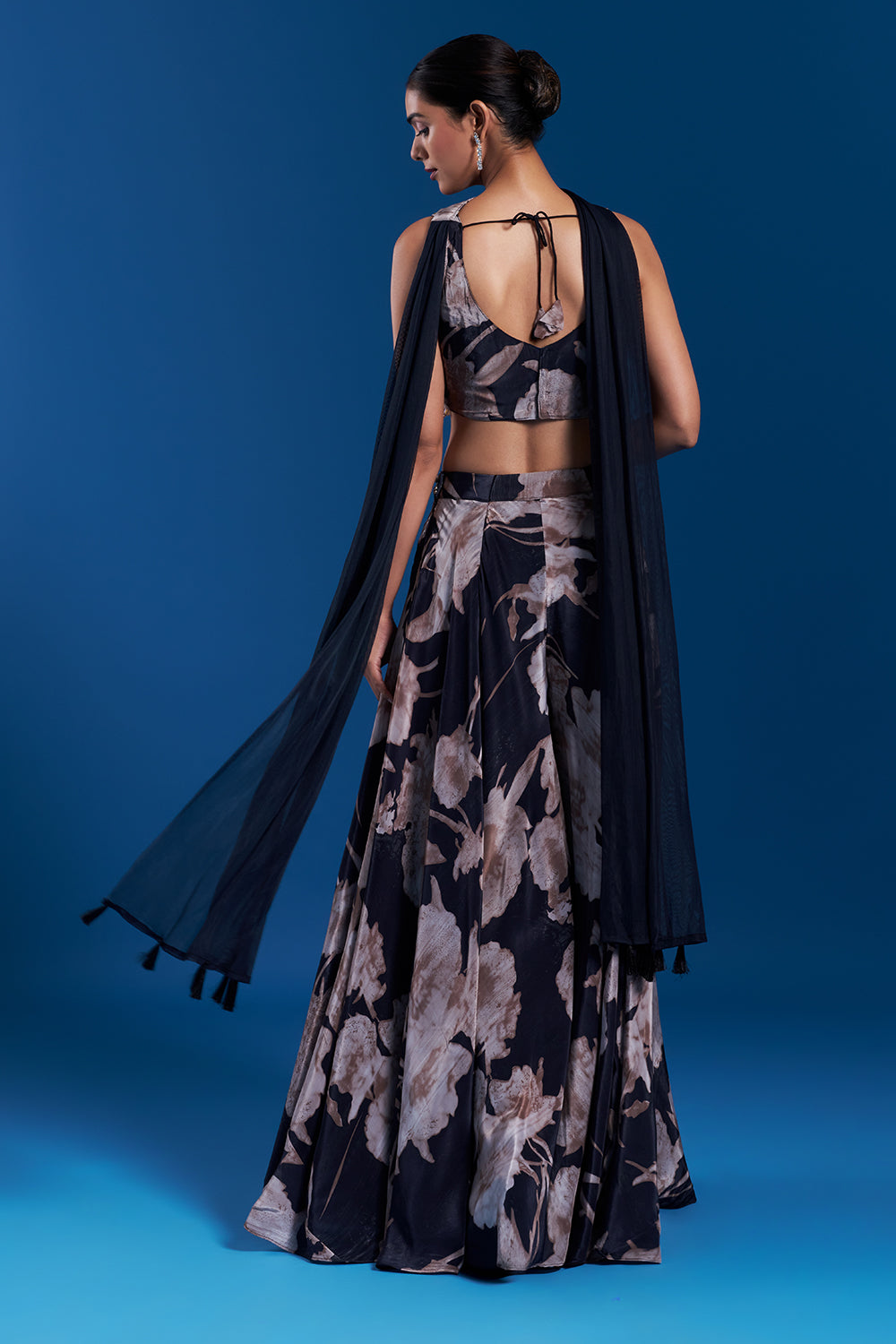 Charcoal Black Crepe Skirt Set with Floral Print