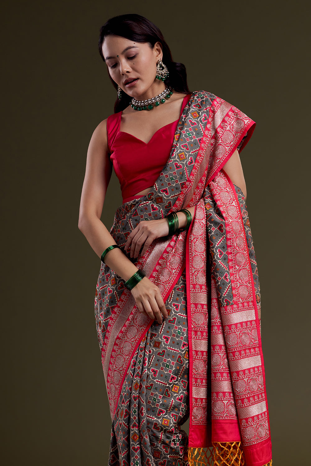 Charcoal Grey and pink Heritage Woven Saree