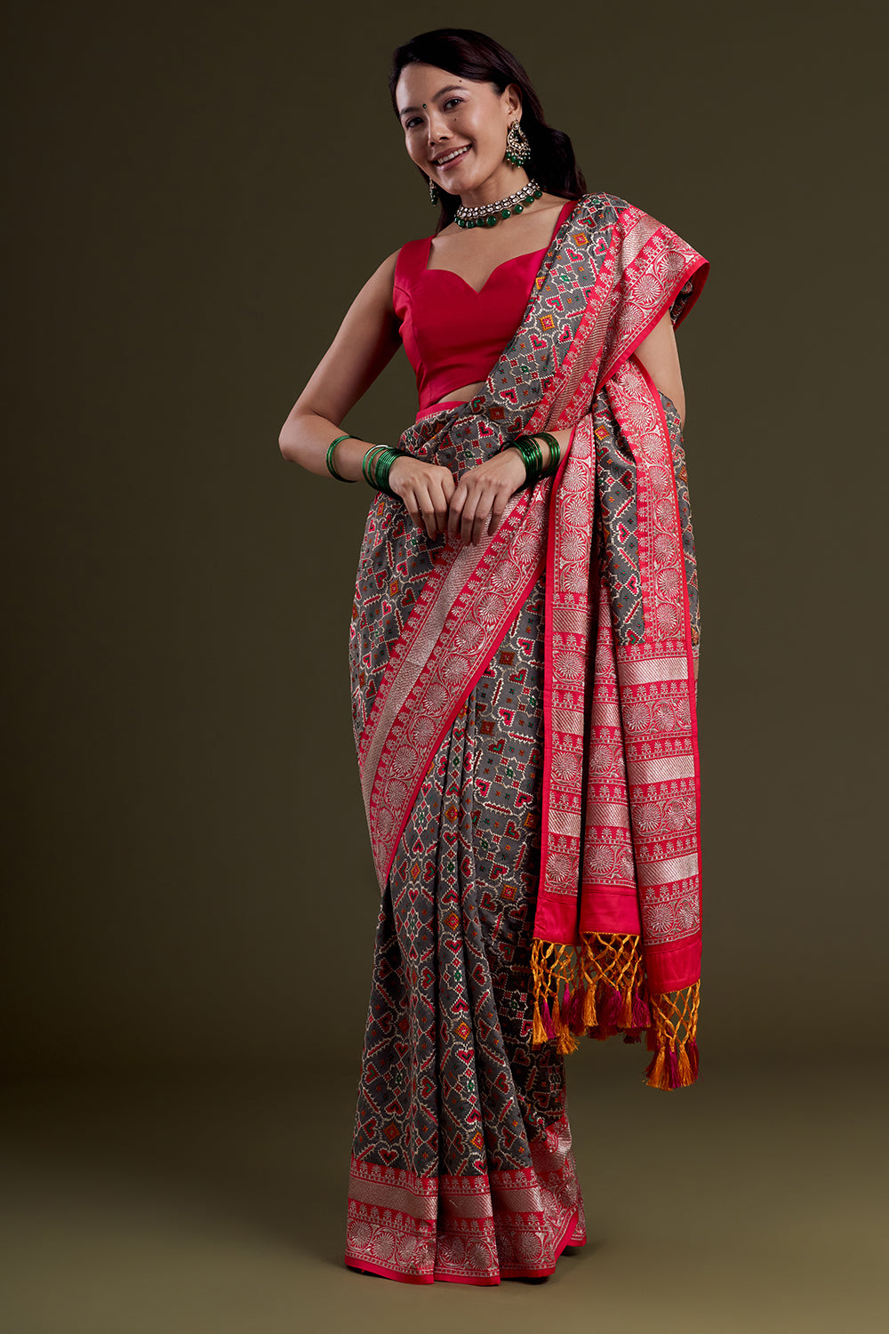 Charcoal Grey and pink Heritage Woven Saree