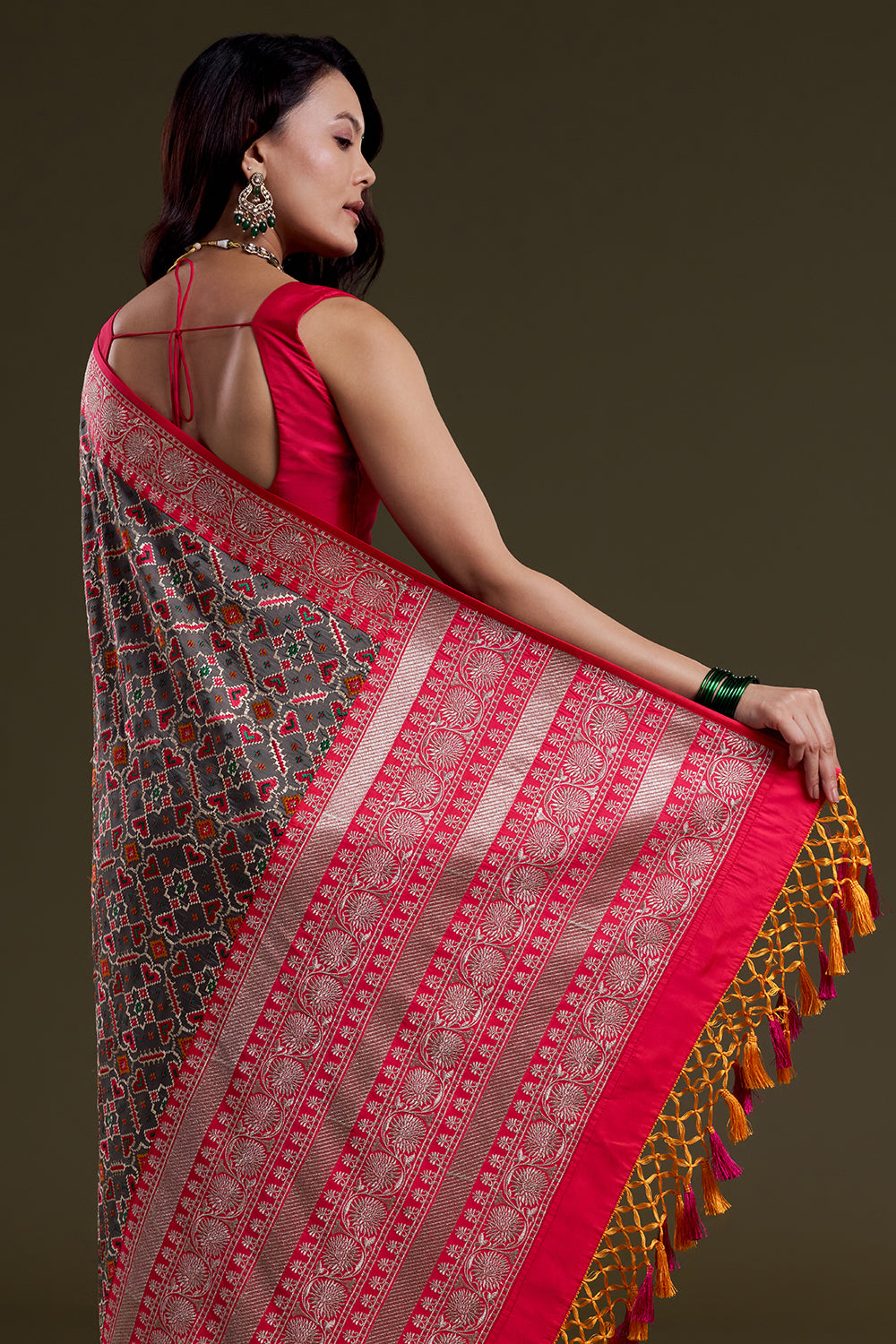 Charcoal Grey and pink Heritage Woven Saree
