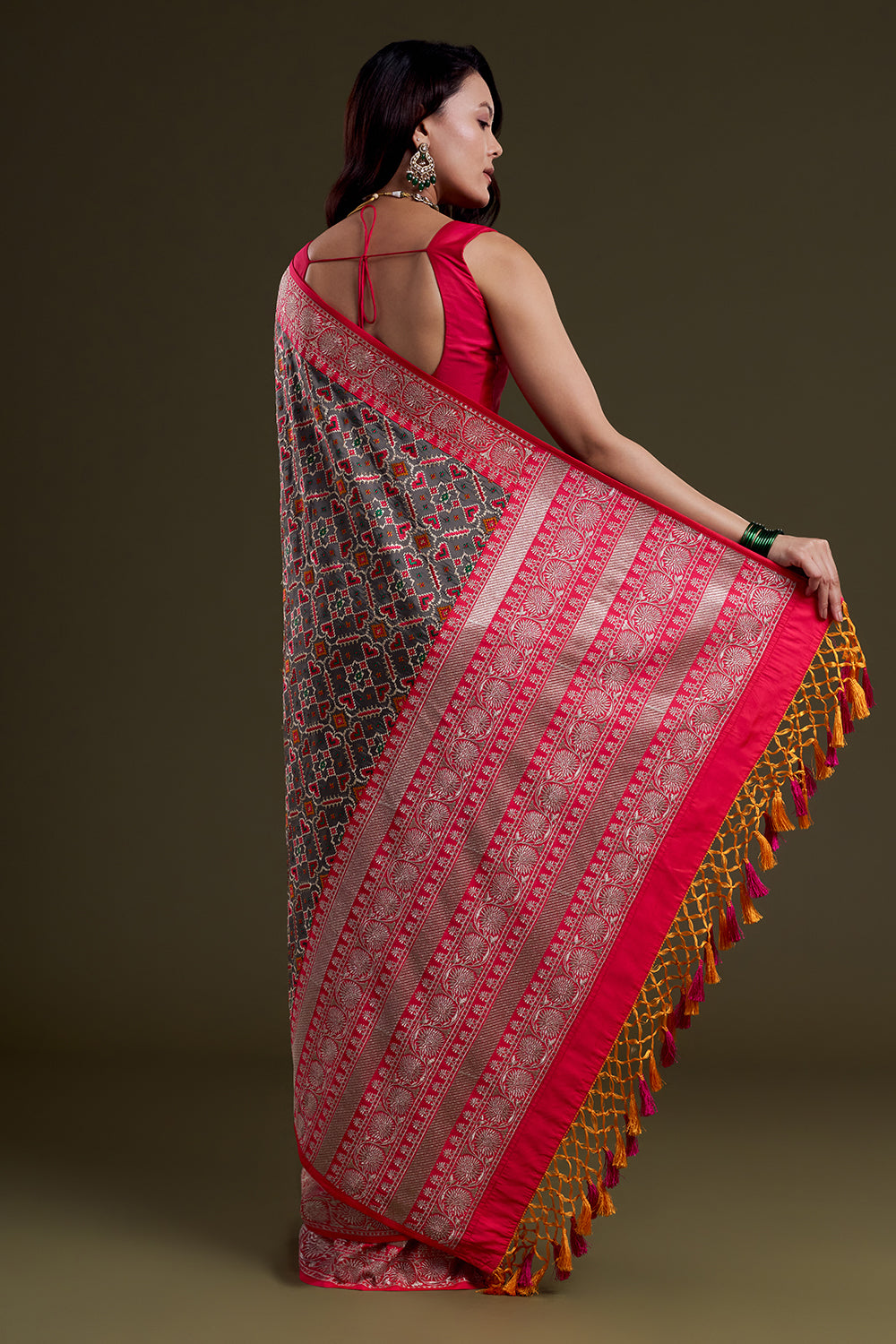 Charcoal Grey and pink Heritage Woven Saree