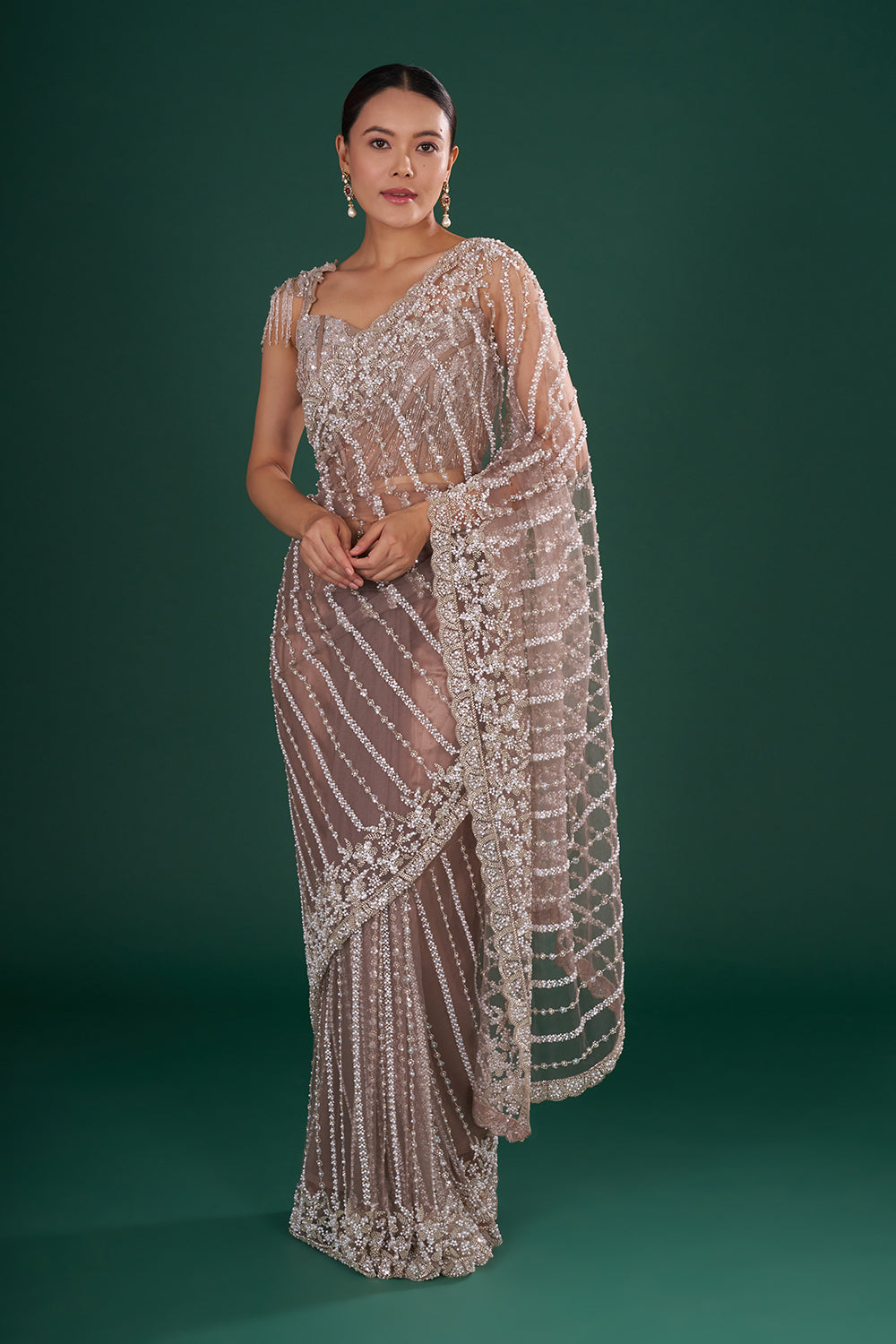 Charcoal Grey Embroidered Net Saree with Silver Sequin, Cut Dana & Pearl Hand Work