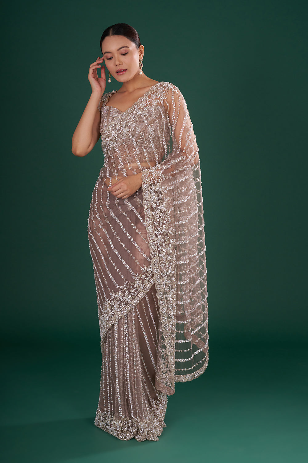 Charcoal Grey Embroidered Net Saree with Silver Sequin, Cut Dana & Pearl Hand Work